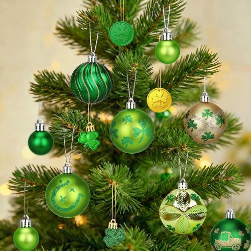 36Pcs Hanging Ball Ornaments St Patricks Day Decorations, Shamrock Tree Ornaments Irish Festival Good Luck Clover Green Gold Ball for Party Home Spring Shelf Shamrock Decorations
