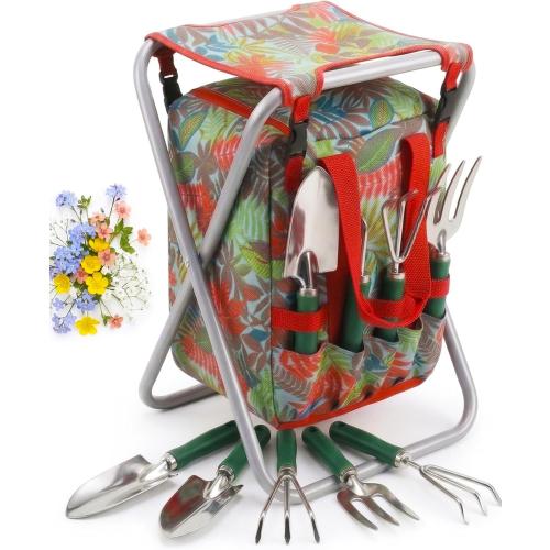 7-piece Garden Tool Set with Tote and Folding Stool Seat