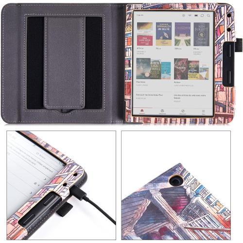 Stand Case for Kobo Libra Colour/Libra 2/Libra H2O, Bookstore | PU Leather Sleeve Cover,Built-in Hand Straps,with Auto Sleep/Wake,Pen Holder Loop