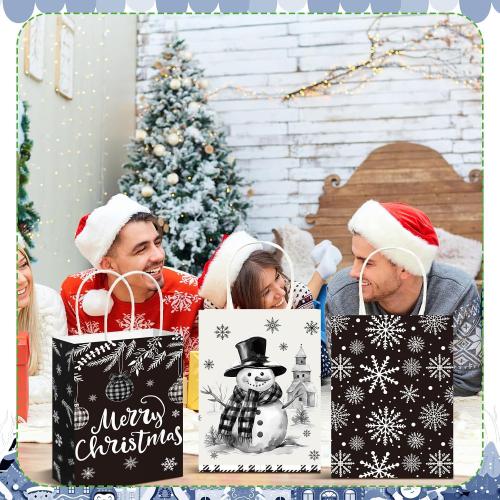 Fourluoo 30 Pack Winter Paper Gift Bags with Handles Black and White Winter Snowman Tote Bags 5.9 x 3.1 x 8.3 Inch Christmas Party Favor Snow Pine Candy Gift Handbag for Xmas Party Supplies