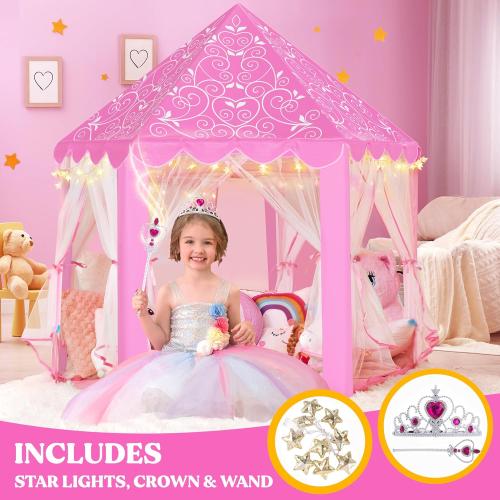 W&O Princess Tent with Fantasy Sound Button, LED Lights, Crown & Wand Set – Indoor & Outdoor Play Tent for Kids Ages 3-8