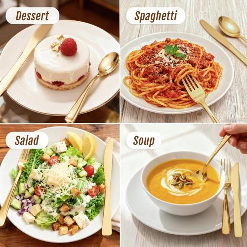 WDF 180 Pieces Disposable Plastic Gold Silverware Cutlery - Disposable Flatware Set 60 Forks, 60 Knives and 60 Spoons - Heavy Duty Gold Plastic Cutlery - Utensils for Baby Shower Wedding Spring