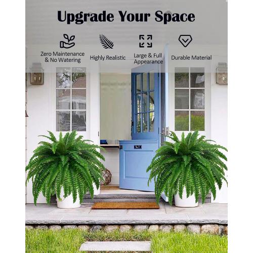 GYERB 48 Large Artificial Boston Fern Plants for Outdoor Indoor, Fake Ferns for Front Porch Hanging, Faux Greenery Bushes for Home Garden Office Decor, Silk Fern with Realistic Fronds, 88 Branches