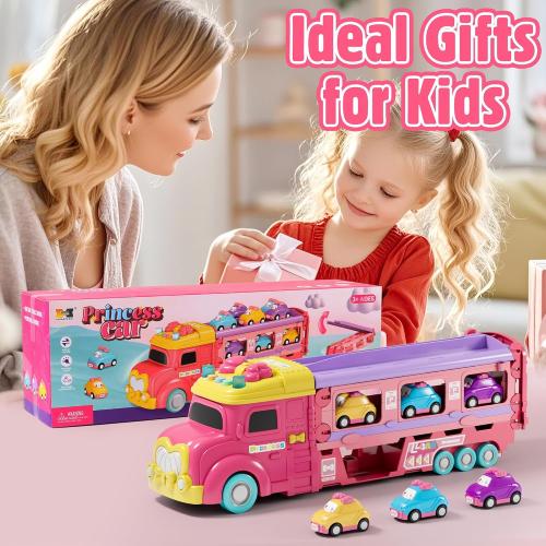Carrier Truck Toys for Kids, Princess 3.8-FT Foldable Hauler Track Ejection Car and 6 Carton Car with Light&Sounds, Truck Toy Child Toys for 3 4 5 6  Year Old Girls-Pink