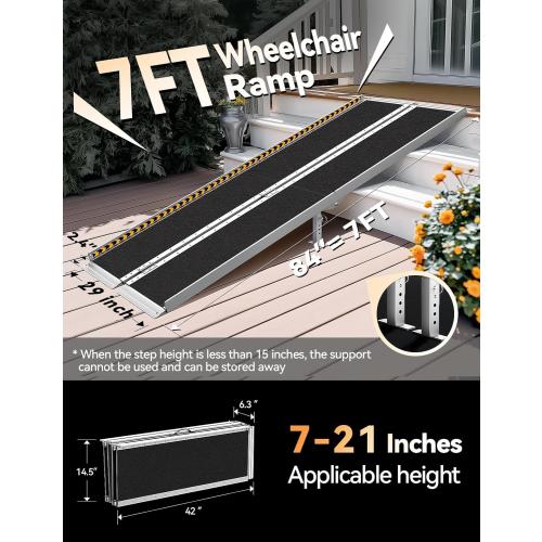 FACHNUO Size 7 Feet Portable Wheelchair Ramp with Sopport Legs, Non-Skid Aluminum Handicap Ramps with Handle, Folding Threshold Wheel Chair Ramp for Home Steps, Stairs, Entry,Doorways, 800LBS Capacity