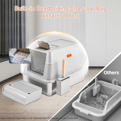 Stainless Steel Litter Box with Lid, Covered XL Extra Large Cat Litter Box Enclosure, Metal Kitty Litter Boxes with High Sided, Litter Scoop and Filter Pedal, Anti-Leakage, Non-Stick, Easy to Clean