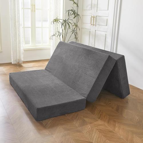 BYBYME Corduroy Tri-Folding Mattress, 6 Inch Gel Folding Mattress Topper, Foldable Soft Guest Bed Camping Pad, Washable Cover (Dark Gray, Full)