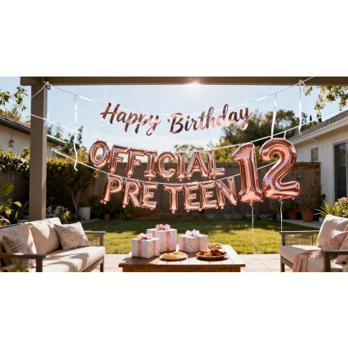 12th Birthday Decorations for Girls, Official Pre-Teen 12th Birthday Balloon 12th Birthday Banner Number 12 Foil Balloons for Her 12 Years Old Birthday Daughter Supplies Girls(12th Rose gold)