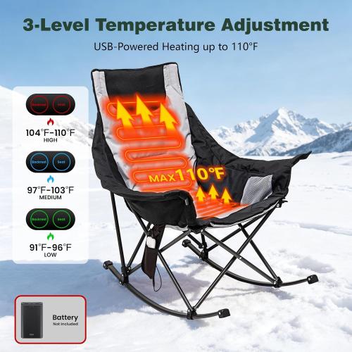 SUNNYFEEL Oversized Heated Rocking Camping Chair, Fully Padded Patio Chair with Side Pocket, High Back Portable Lawn Recliner with Carry Bag, Outdoor Rocker Camp Chair for Adults Heavy Duty 500 LBS