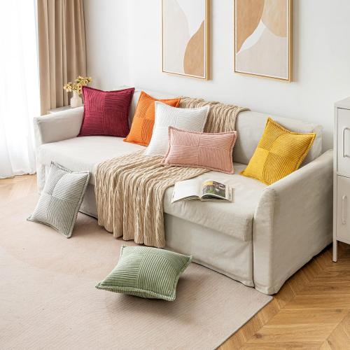 MIULEE Decorative Throw Pillow Covers for Couch Bed Livingroom 16x16 Inch Set of 2 Beige Boho Accent Throw Pllows Broadside Striped Patchwork Soft Corduroy Pillowcases