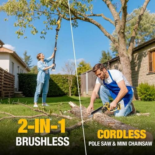 2-IN-1 Cordless 8-Inch Pole Saw & Chainsaw for DeWALT 20V MAX Battery - 1200W Brushless Motor, Total Reach of Max 15.9 FT, Lightweight, 8&6Electric Pole Saws for Tree Trimming Pruning (Tool Only)