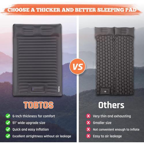 TOBTOS Double Sleeping Pad for Camping, Extra Thick 6 Camping Mattress 2 Person with Pillow Built-in Foot Pump, Inflatable Sleeping Mat for Camp, Backpacking, Hiking, Traveling