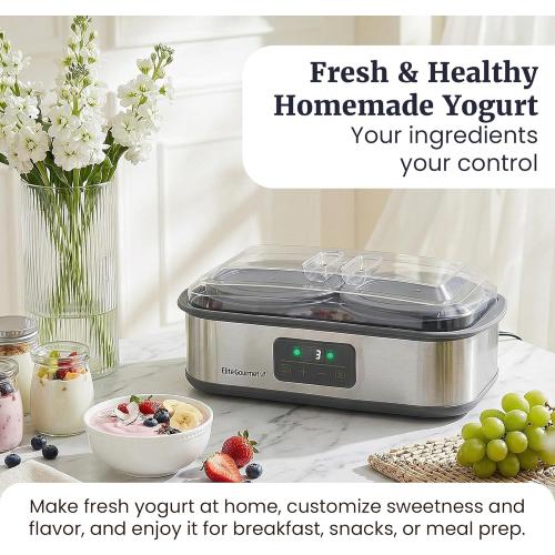 Elite Gourmet ProBioticPRO™ Digital Yogurt Maker, Programmable Temp & Time Control (68–127°F), Includes 8 Glass Jars (6 oz)   2 Large 1-Qt Bowls, Stainless Steel, Auto Shut-Off