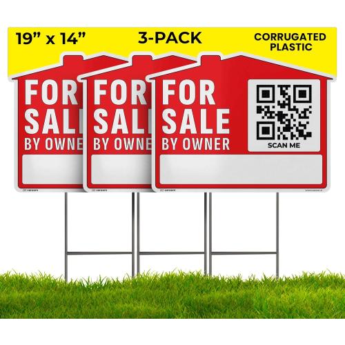 19×14 For Sale by Owner Sign (3-Pack) - Weatherproof, Double-Sided | Corrugated Plastic | Stakes & QR App Included