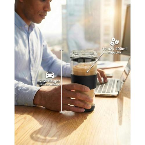 14oz Double Walled Glass Coffee Tumbler with Full Glass Lid & Silicone Sleeve - Non-Slip Insulated Travel Mug with Protective Bottom Bumper - 100% Plastic-Free