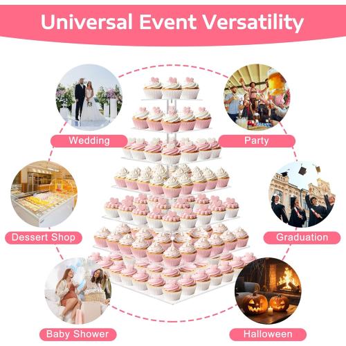Size 7 Tier weddingwish Cupcake Stand, 7 Tier Square Cupcake Stand for 160 Cupcakes, Acrylic Cupcake Tower Stand, Large Cupcake Display Stands, Tiered Cupcake Holder Stand for Birthday, Party, Baby Shower