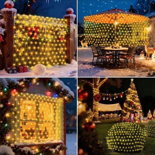 Hezbjiti Battery Operated Christmas Net Lights Outdoor 100 LED 5FT x 3.3FT Waterproof Timed Memory Mesh Lights for Xmas Trees Bushes Garden Yard Lawn Patio Christmas Decor (1 Pack Warm White)