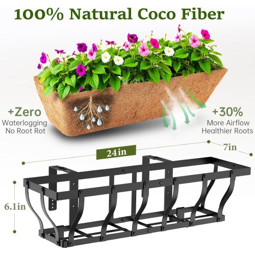 VOXOR Railing Planter Boxes, Heavy Duty Window Box Planters, Adjustable Balcony Planters for Railing Hanging, with Coco Liner for Deck, Porch, and Patio Gardening (2 Pack, 24 Inch)