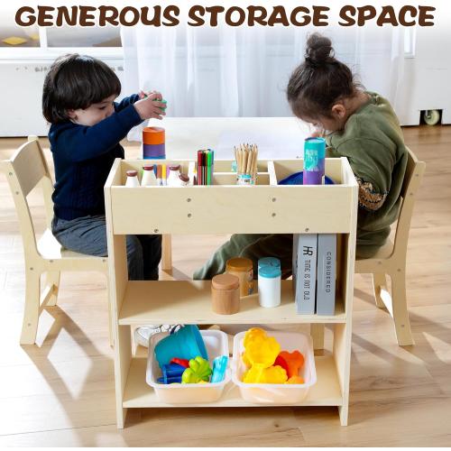 Kids Art Table and Chair Set, Birch Wooden Activity Craft Table, Kids Drawing Table, Toddler Desk with Storage and 1 Chair