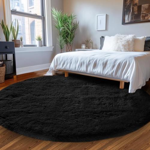 Round Area Rug 8Ft Black: Circle Black Rugs for Living Room- Fluffy Soft Round Rug- Shag Plush Carpet for Bedroom, 8x8 Feet
