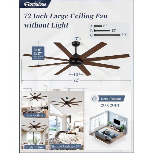 72 Inch Ceiling Fan no Light, Black Ceiling Fan with Remote, 6-Speeds, Quiet Reversible DC Motor, Industrial Ceiling Fans without Lights for Living Room, Garage, Patio, Indoor/Outdoor Use