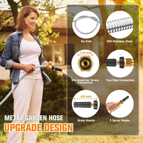 SILVER 100 FT Garden Hose Expandable - 304 Stainless Steel Water Hose 100 FT - Heavy Duty Flexible Kink Free Hose, no Bite