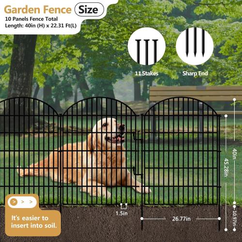 10 Panels Decorative Garden Fence with Lock, 40in (H) X 22.31ft (L) No Dig Dog Fences Outdoor for Yard, Rustproof Tall Animal Barrier Fencing, Metal Panels Suitable for Yards Border, Patio Use