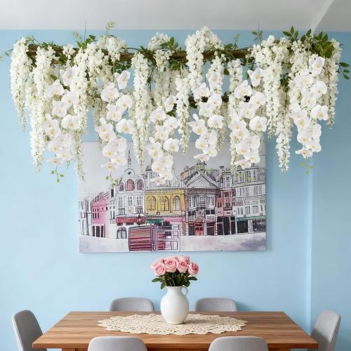 White Orchid Artificial Flowers,4PCS Real Touch Fake Hanging Flowers Faux Phalaenopsis Orchids Plants for Wedding Party Wall Garden Outdoor Home Decor (White)
