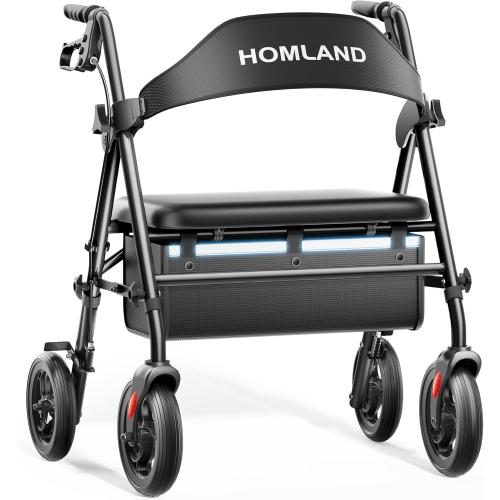 HOMLAND Bariatric Walkers for Seniors, 500lb Heavy Duty Rollator Walker, 19.7 Extra Wide Padded Seat, 8 All Terrain Foldable Rolling Walker with Dual-Height Adjustable