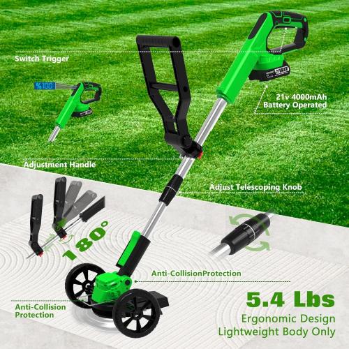 Green Electric Weed Wacker Eater Cordless, Weed Wacker Battery Powered, Weed Trimmer with 2X 2.0Ah Battery Operated & 25 Blades & Wheels, 3 in 1 No-String Grass Trimmer/Brush Cutter/Edger for Garden Yard