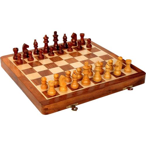 StonKraft Wooden Foldable Travel Chess Game Board with Storage Slots, 14 Inch