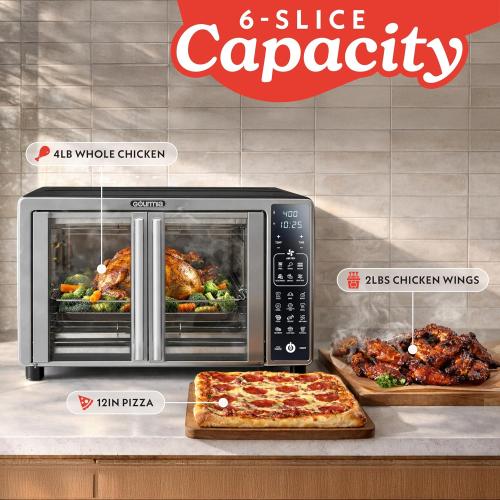 Gourmia Air Fryer French Door Toaster Oven - 6-Slice Capacity, LED Display with 19 Cooking Presets, Stainless Steel‼️needs heavy cleaning‼️