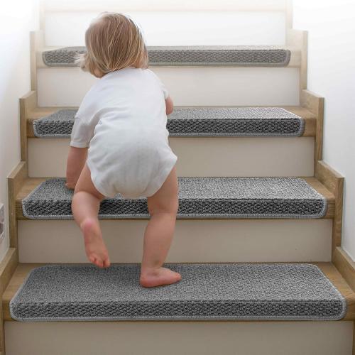 Bullnose Carpet Stair Treads, Non Slip Stair Treads for Wooden Steps Indoor, Stair Runner, Soft Stair Rugs, Edging Stair Protectors, Washable, 29.5x9.5x1.5 14pcs, Grey