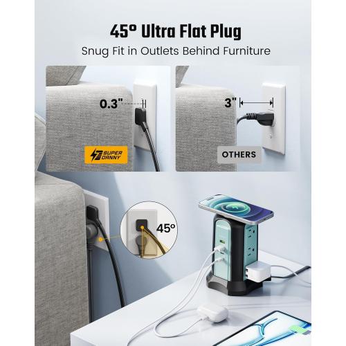 Power Strip Tower Wireless Charger, SUPERDANNY Surge Protector Tower, 10A 1080J Charger Station with 9 Outlets & 4 USB Ports, Extension Cord 10ft for Laptop Phone Black and Blue