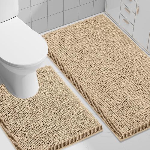 Smiry Bathroom Rugs Set 2 Piece, Soft Absorbent Chenille Bath Mat and U-Shaped Toilet Rug Set, Non Slip Shaggy Bath Carpet for Tub, Shower and Floor (30x20 24x20, Beige)