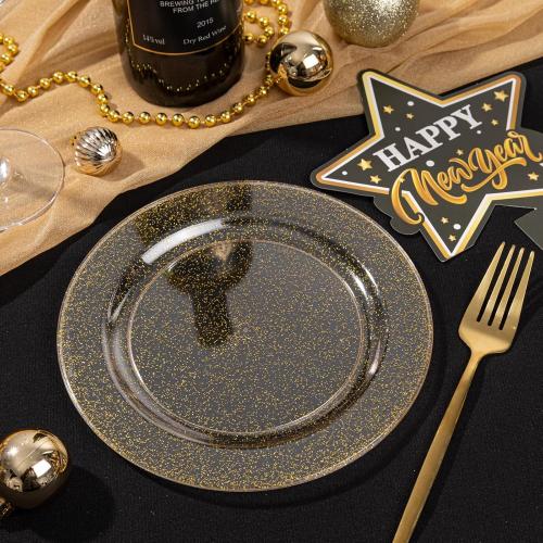 Liacere 100Pieces Gold Plastic Plates-Disposable Gold Glitter Appetizer Plates-7.5inch Premium Plastic Salad/Dessert Plates for Wedding & Parties & Thanksgiving