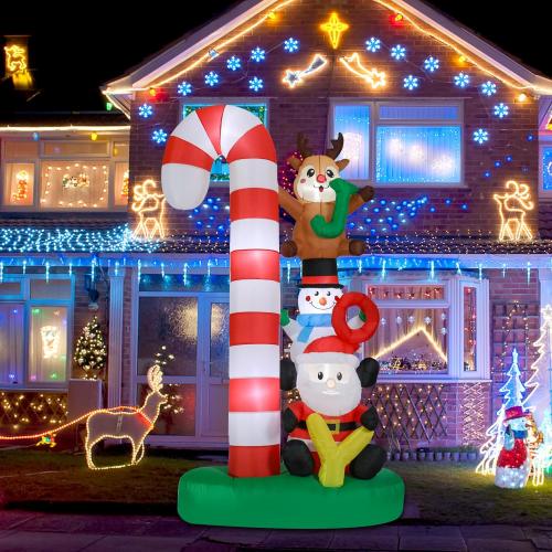 Christmas Inflatables Outdoor Decoration 8 FT Santa Claus Joy Reindeer Snowman Candy Cane Inflatable with LED Light Christmas Blow Up for Lawn Garden Holiday Party Yard Xmas Decor