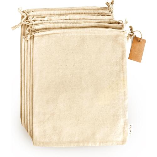 LEAFICO Cotton Storage Bags – X-Large 14x17 Inch (5-Pack) – Reusable Muslin Bags with Drawstrings – Biodegradable Canvas Fabric Sacks – Perfect for Bread, Bulk Produce, Potatoes, Onions, Shoes