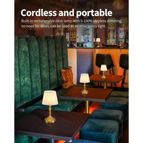 KDG Cordless Portables Table Lamp Set of 2, LED Fabric Shade Small Desk Lamps, 5000mAh Battery Powered Lighting, 2700K Stepless Dimmable Light for Living Room, Dining Room, Bedroom, Bedside (Gold)