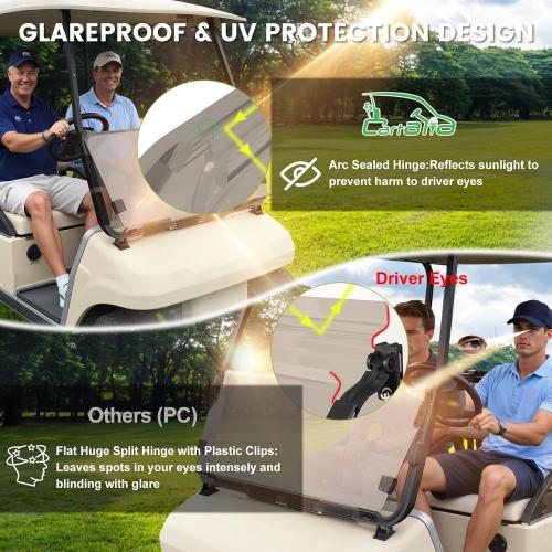 Golf Cart Foldable Windshield 3/16 (5MM) Only Fits Club Car DS 1982-Up with 1×1 Strut Top Tapered or Curved Rail Style, Folding Acrylic Replacement - Tinted (Not Fit Front Straight Up Rail Style)
