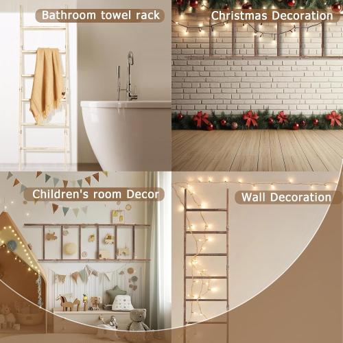 Blanket Ladder for The Living Room 6-Tier, Wooden Decorative Quilt Holder for Bed Room, Wall-Leaning Wood Towel Rack for Bathroom，Rustic Farmhouse Ladders for Display. (Washed Brown)