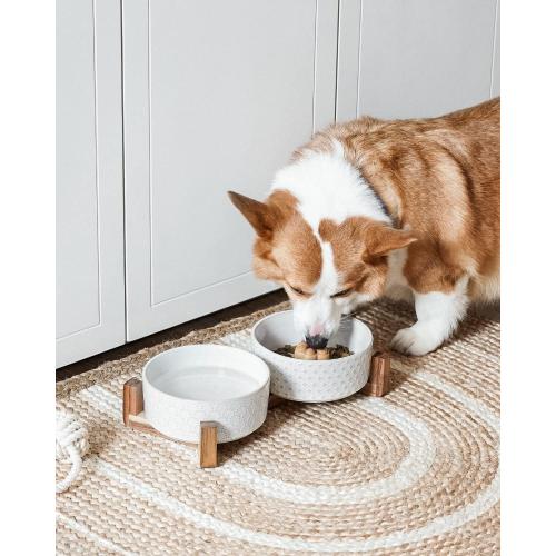 LE TAUCI Dog Bowl Set with Acacia Wood Stand - 1.8-Cup Ceramic Puppy Bowls for Small Dogs, Dual Food and Water Bowls with Weighted Non-Slip Base