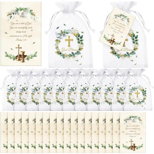 Blulu 50 Sets Baptism Party Gift, Greenery God Bless Drawstring Bags with First Communion Tags Religious Baby Shower Organza Bags for Boy Girl Baptism Birthday Christenings Party Supplies Decor(Cross)