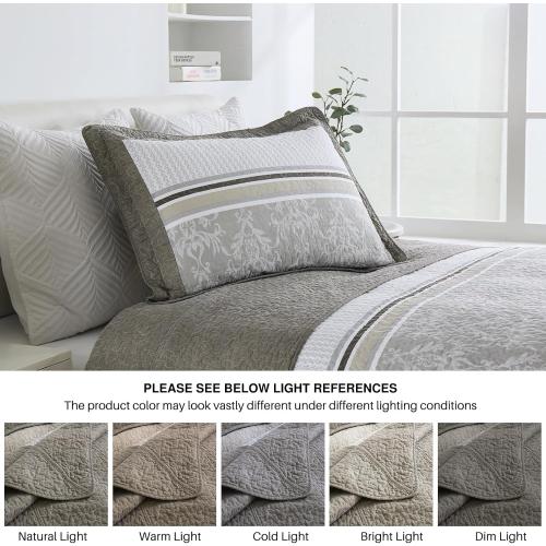 Color Grey 3 Piece King Bedspreads - 100% Cotton Oversized King Quilt with 2 Pillow Shams, Farmhouse Lightweight Stripe Bedspread Coverlet Sets, Brown/Gray/Beige