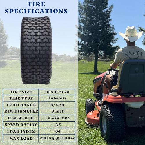 Dayrim 2 Pcs 16X6.50-8 Lawn Mower Tires - 4 Ply, Tubeless, Turf Tread for Riding Mowers & Garden Tractors