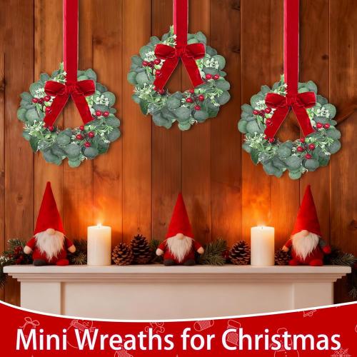 6 Pack 12 Inch Mini Christmas Wreath Small Christmas Kitchen Cabinet Wreaths with Red Bow Eucalyptus Leaves Flowering Boxwood Branches Red Berry Xmas Wreaths for Windows Door Wall Stairs Home Decor