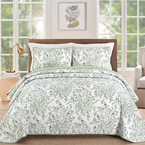 WONGS BEDDING Botanical King Size Quilt, 3 Pieces Bedspread Set, Sage Green | Floral Printed, Microfiber Coverlet, Breathable All-Season, Fits King 110x90, Perfect for Bedroom Guest Room Home Decor