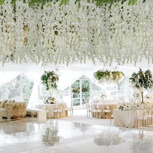 ZINHO 60 Branches Wisteria Hanging Flowers, 4PCS Artificial White Wisteria Flowers Garland for Wedding Arch Ceremony Party Garden Home Backdrop Decor