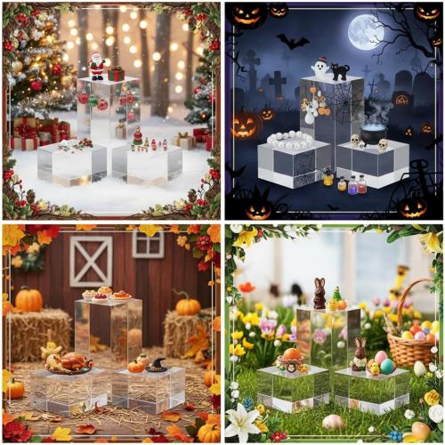 Geelin Acrylic Risers Stand Display Block Decor Riser 3 Size Decor Clear Polished Acrylic Cube Solid Pedestal Stand Square for Jewelry Perfume Photography Collection Food Doll Wedding(3 Pcs)