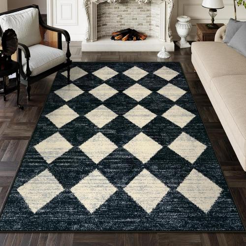 Lahome Moroccan Trellis Area Rug - 5x7 Black Washable Large Rugs for Bedroom Living Room Mat, Checkered Soft Non Slip Stain Resistance Indoor Accent Carpet for Dining Room Coffee Table